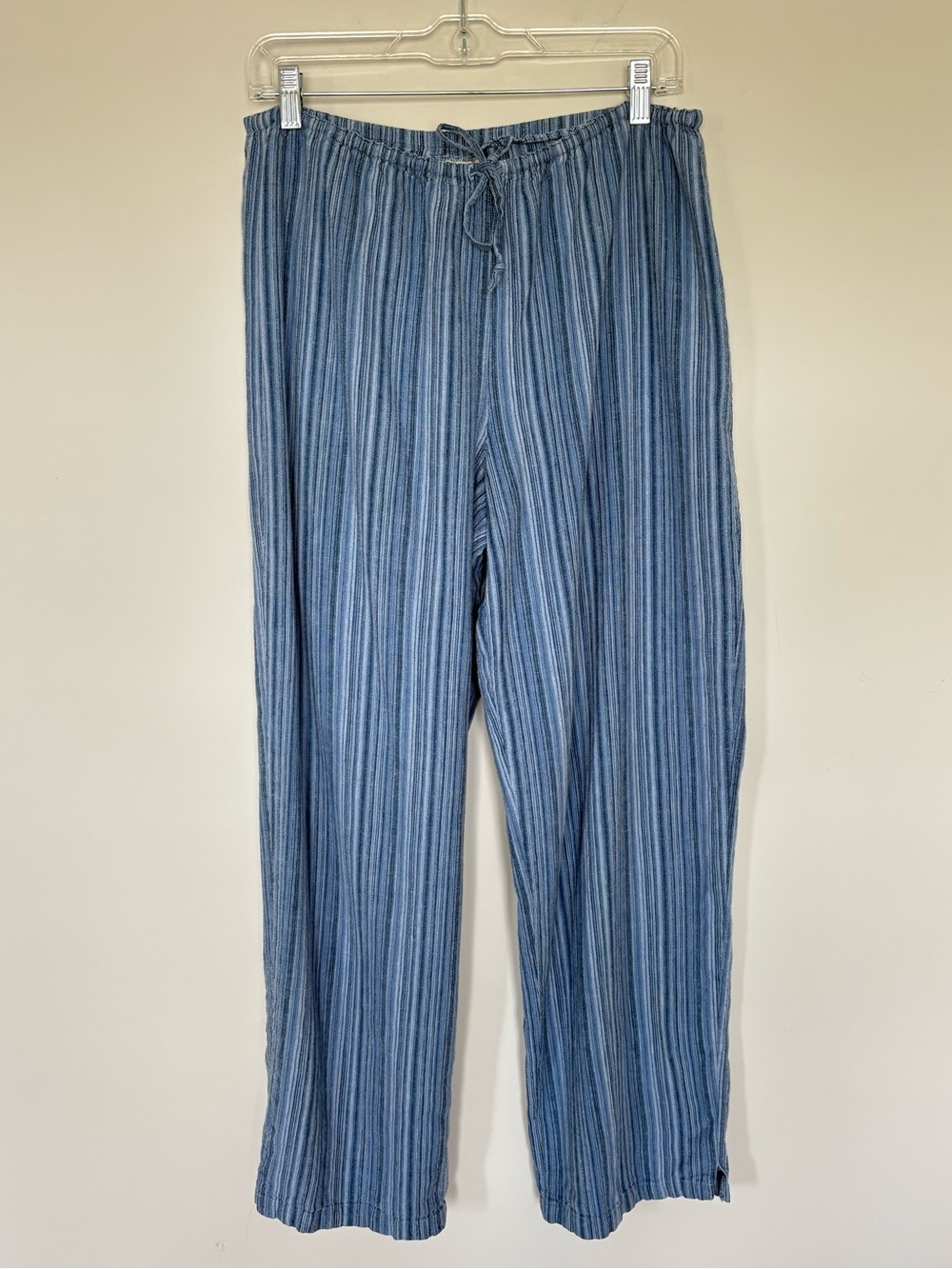 Easy Spirit Blue Striped Linen Blend Pull On Pants Drawstring Hem Slits Sz 10